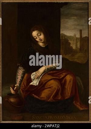 Dieses italienische religiöse Gemälde aus dem 16. Jahrhundert von Luca Cambiaso zeigt die Heilige Prakseda und veranschaulicht eine christliche religiöse Szene mit symbolischen Elementen. Stockfoto