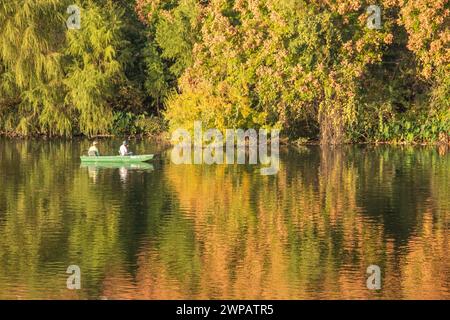 Leisure boating on the Colorado River in Austin TX USA.Reflections of buildings and leaves on the water. Stockfoto