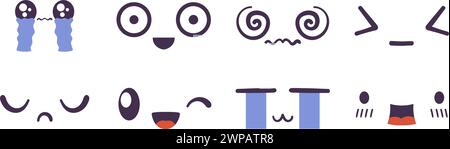 Kawaii-Gesichts, das Emotionen und Stimmungen ausdrückt. Flache handgezeichnete Vektor-Illustrationen im Comic-Manga- oder Anime-Stil. Stock Vektor