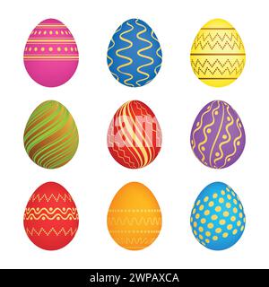 Set aus neun Ostereiern mit unterschiedlicher bunter Textur auf weißem Hintergrund. Vektorabbildung Stock Vektor