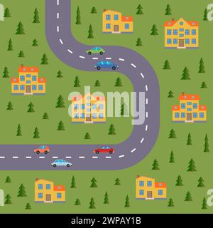 Plan des Dorfes. Landschaft mit Straße, Wald, Autos und Häusern. Vektorabbildung Stock Vektor