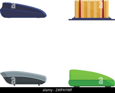 Autokarton-Symbole setzen Cartoon-Vektor. Kunststoffkasten für Autodach. Stauraum auf dem Dach des Reisefahrzeugs Stock Vektor