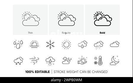 Symbole für Wetter und Prognoselinie. Bewölkter Himmel, Schneeflocke im Winter und Thermometer. Lineares Set. Zeilensymbole. Vektor Stock Vektor