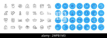 Zahlungs-Klick, Geldbeutel und Budget-Zeilen-Symbole. Für Web-App. Farbsymbolschaltflächen. Vektor Stock Vektor