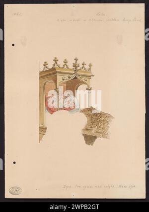 Fotografie eines Fragments aus einem Viertel des Olkusz-Polyptychons in der Basilika St. Andrzej in Olkusz, aufgenommen von W. Adys Aw Roman Sztolcman im Jahr 1914, mit gemalten Tafeln und religiöser Ikonographie. Stockfoto