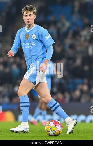 Jacob Wright von Manchester City im Einsatz während des UEFA Champions League-Spiels Manchester City gegen FC Kopenhagen im Etihad Stadium, Manchester, Großbritannien, 6. März 2024 (Foto: Cody Froggatt/News Images) in, am 2024. (Foto: Cody Froggatt/News Images/SIPA USA) Credit: SIPA USA/Alamy Live News Stockfoto