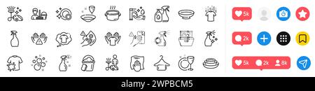 Symbole für Reinigungsflüssigkeiten, Staubsauger und Waschen der Hände. Für Web-App. Social-Media-Symbole. Vektor Stock Vektor