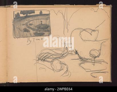 Zwei Skizzen zeigen ein Blumenbeet und ein altes Haus in Bohdanów, Weißrussland, von oben gesehen. Sie wurden 1900 von Ferdynand Ruszczyc geschaffen und beinhalten architektonische und landschaftliche Details und wurden durch Kauf erworben. Stockfoto