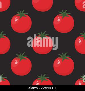 Nahtloses Muster des flachen Vektors mit frischer Tomate auf schwarzem Hintergrund. Nahtloses Gemüsemuster mit ganzen Tomaten Stock Vektor