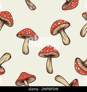 Vektor-nahtloses Muster mit Hand gezeichneten Cartoon-Pilzen auf einem weißen Hintergrund. Amanita Muscaria, Fliegenpilz-Design-Vorlage. Nahtlos Stock Vektor