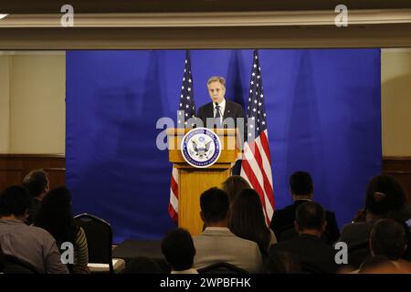 Antony Blinken, Außenminister der Vereinigten Staaten, Porträt während der Pressemitteilung nach dem G20-Gipfel in Brasilien Stockfoto