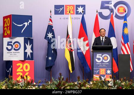 Melbourne, Australien. März 2024. Der laotische Premierminister Sonexay Siphandone spricht während der Veranstaltung. Gemeinsame Medienerklärung des australischen Premierministers Anthony Albanese und des laotischen Premierministers Sonexay Siphandone während des Sondergipfels ASEAN-Australien 2024 in Melbourne. Auf dem dreitägigen Sondergipfel wird das 50. Jubiläum der Beziehungen zwischen ASEAN und Australien begangen, an dem Hunderte von Beamten und Führungspersönlichkeiten zu einem Gipfel zusammentreffen. (Foto: George Chan/SOPA Images/SIPA USA) Credit: SIPA USA/Alamy Live News Stockfoto