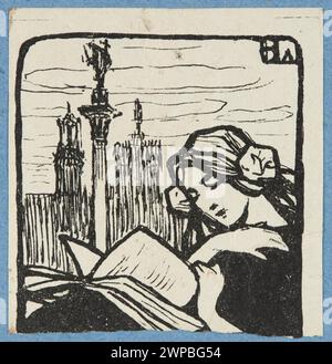 Ein Falldruck aus dem Jahr 1913-1921, der Frauen zeigt, die vor Zygmunts Säule ein Buch mit dem TDW-Monogramm lesen, das zu Illustrations- oder Gedenkzwecken verwendet wird. Stockfoto