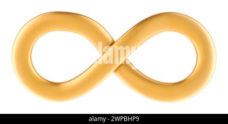 Goldenes Unendlichkeitssymbol, 3D-Rendering isoliert auf weißem Hintergrund Stockfoto
