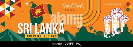 Sri lanka National Day Banner für Unabhängigkeitstag mit Text, srilankischen Flaggenthema bunte Ikonen und Naturlandschaft, abstraktes geometrisches Banner Stock Vektor