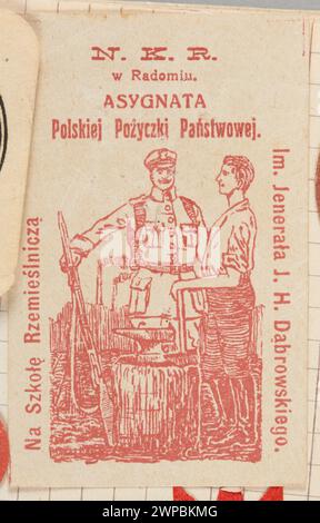 Falldruck von 1913–1921, der Menschen und einen Schmied zeigt, mit dem Text, der auf N.K.R. in Radom und polnischer Handwerkskunst verweist, verbunden mit J. H. D. Browski. Stockfoto