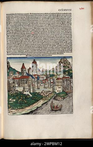 Schöne Holzschnittseiten aus der Nürnberger Chronik von 1493, die eine Enzyklopädie über Weltereignisse, Mythologie und christliche Geschichte ist. Dieses außergewöhnliche Werk war eines der frühesten Bücher, die jemals gedruckt wurden und das erste, das erfolgreich Text und Bilder integriert. Diese Seiten zeigen lateinischen Text und einen Stich, der Österreich repräsentiert Stockfoto