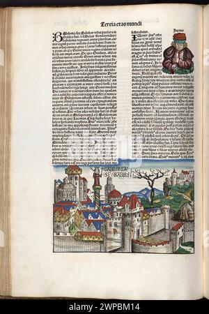 Schöne Holzschnittseiten aus der Nürnberger Chronik von 1493, die eine Enzyklopädie über Weltereignisse, Mythologie und christliche Geschichte ist. Dieses außergewöhnliche Werk war eines der frühesten Bücher, die jemals gedruckt wurden und das erste, das erfolgreich Text und Bilder integriert. Diese Seiten zeigen lateinischen Text und eine Gravur Babylon Stockfoto