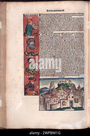Schöne Holzschnittseiten aus der Nürnberger Chronik von 1493, die eine Enzyklopädie über Weltereignisse, Mythologie und christliche Geschichte ist. Dieses außergewöhnliche Werk war eines der frühesten Bücher, die jemals gedruckt wurden und das erste, das erfolgreich Text und Bilder integriert. Diese Seiten zeigen lateinischen Text und einen Stich der Stadt Karthago Stockfoto