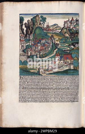 Schöne Holzschnittseiten aus der Nürnberger Chronik von 1493, die eine Enzyklopädie über Weltereignisse, Mythologie und christliche Geschichte ist. Dieses außergewöhnliche Werk war eines der frühesten Bücher, die jemals gedruckt wurden und das erste, das erfolgreich Text und Bilder integriert. Diese Seiten zeigen lateinischen Text und einen Gravur, der Ungarn repräsentiert Stockfoto