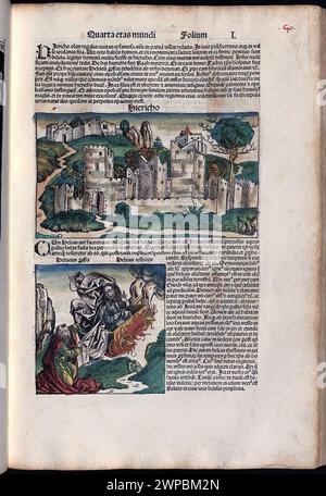 Schöne Holzschnittseiten aus der Nürnberger Chronik von 1493, die eine Enzyklopädie über Weltereignisse, Mythologie und christliche Geschichte ist. Dieses außergewöhnliche Werk war eines der frühesten Bücher, die jemals gedruckt wurden und das erste, das erfolgreich Text und Bilder integriert. Diese Seiten zeigen lateinischen Text und einen Stich der Stadt Jericho Stockfoto