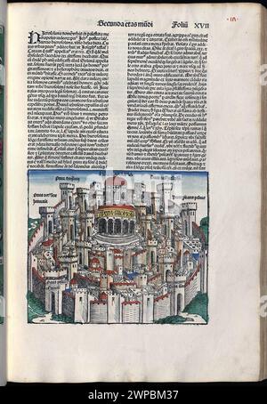 Schöne Holzschnittseiten aus der Nürnberger Chronik von 1493, die eine Enzyklopädie über Weltereignisse, Mythologie und christliche Geschichte ist. Dieses außergewöhnliche Werk war eines der frühesten Bücher, die jemals gedruckt wurden und das erste, das erfolgreich Text und Bilder integriert. Diese Seiten zeigen lateinischen Text und einen Stich der Stadt Jerusalem. Stockfoto