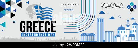 Griechenland Unabhängigkeitstag 25 März Banner Design mit griechischer Flagge, Farben Thema Hintergrund, Griechenland Karte, Text, Sehenswürdigkeiten, berühmte griechische Gebäude Stock Vektor