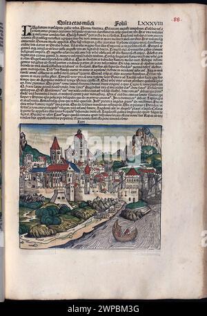 Schöne Holzschnittseiten aus der Nürnberger Chronik von 1493, die eine Enzyklopädie über Weltereignisse, Mythologie und christliche Geschichte ist. Dieses außergewöhnliche Werk war eines der frühesten Bücher, die jemals gedruckt wurden und das erste, das erfolgreich Text und Bilder integriert. Diese Seiten zeigen lateinischen Text und einen Stich der Stadt Lyon in Frankreich Stockfoto