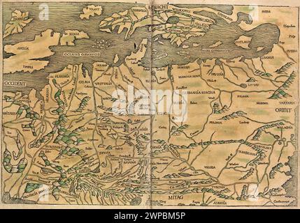 Ein schöner Holzschnitt aus dem Jahr 1493 einer Karte von Nordeuropa. Diese Illustration stammt aus der Nürnberger Chronik, die eine Enzyklodpedie über Weltereignisse, Mythologie und christliche Geschichte ist. Dieses außergewöhnliche Werk war eines der frühesten Bücher, die jemals gedruckt wurden und das erste, das erfolgreich Text und Bilder integriert. Stockfoto