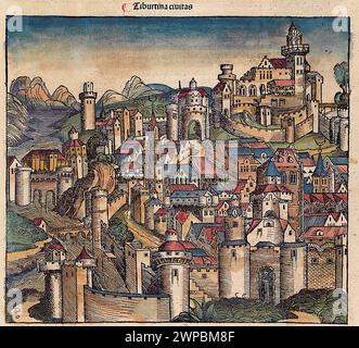 Ein schöner Holzschnitt aus dem Jahr 1493 der Stadt von. Diese Illustration stammt aus der Nürnberger Chronik, die eine Enzyklodpedie über Weltereignisse, Mythologie und christliche Geschichte ist. Dieses außergewöhnliche Werk war eines der frühesten Bücher, die jemals gedruckt wurden und das erste, das erfolgreich Text und Bilder integriert. Stockfoto