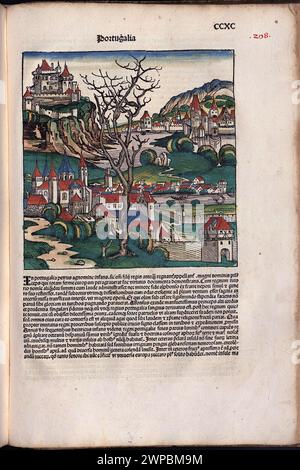 Schöne Holzschnittseiten aus der Nürnberger Chronik von 1493, die eine Enzyklopädie über Weltereignisse, Mythologie und christliche Geschichte ist. Dieses außergewöhnliche Werk war eines der frühesten Bücher, die jemals gedruckt wurden und das erste, das erfolgreich Text und Bilder integriert. Diese Seiten zeigen lateinischen Text und einen Kupferstich, der Portugal darstellt Stockfoto
