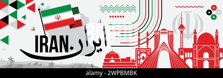 Iran Nationalfeiertag Banner mit Text. Iranische Flagge Farben Thema mit Karte und Wahrzeichen für Unabhängigkeitstag, geometrische abstrakte Vektor-Illustration Stock Vektor