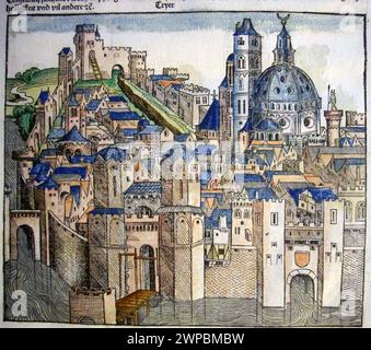 Ein schöner Holzschnitt aus dem Jahr 1493 der Stadt Trier, heute in Deutschland. Diese Illustration stammt aus der Nürnberger Chronik, die eine Enzyklodpedie über Weltereignisse, Mythologie und christliche Geschichte ist. Dieses außergewöhnliche Werk war eines der frühesten Bücher, die jemals gedruckt wurden und das erste, das erfolgreich Text und Bilder integriert. Stockfoto