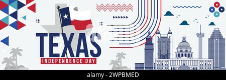 Texas Independence Day Banner mit berühmten Gebäuden, Texas schwenkende Flagge Thema Geometrisches abstraktes Design Karte mit Wahrzeichen, Unabhängigkeitstag Stock Vektor