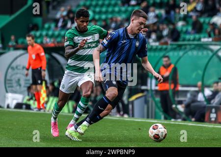 Lissabon, Portugal . März 2024. Lissabon Portugal, 6. März 2024: Matheus Reis (2 Sporting CP) und Emil Holm (3 Atalanta BC) im Spiel der UEFA Europa League zwischen Sporting CP und Atalanta BC im Jose Alvalade Stadion in Lissabon, Portugal. (João Bravo /SPP) Credit: SPP Sport Pressefoto. /Alamy Live News Stockfoto