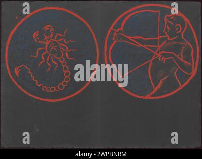 Symbole der Tierkreiszeichen - Krebs und Schütze; Thoma, Hans (1839-1924); um 1909 (1880-00-00-1900-00);Karlsruhe (Deutschland), Krebs (Zodiak), Schlesisches Museum der Bilden Künste (Wrocław - 1880-1945) - Sammlung, Schütze (zodiak), Innendekorationen, Kapellen, Entwürfe, Dekorationen, deutsche Zeichnungen, Tierkreiszeichen Stockfoto