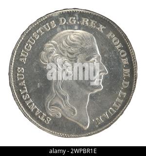 Kronentaler-Münze aus dem Jahr 1792, ausgestellt unter König Stanisław August Poniatowski von Polen, repräsentiert königliche Währung, Münzdesign und polnische Geldpraktiken des späten 18. Jahrhunderts. Stockfoto