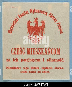 Ein gedruckter Fall aus dem Jahr 1913-1921, der das polnische Emblem und den Text über das Bürgerverteidigungskomitee von Pału zeigt, in dem Patriotismus und bürgerliche Spenden hervorgehoben werden. Stockfoto