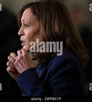 Madison, Wisconsin, USA. März 2024. Vizepräsidentin KAMALA HARRIS gab in einer Rede in der Metro Transit Satellite Bus Facility bekannt, dass Präsident Biden eine neue Executive Order unterzeichnen wird, um die Ausbildung in sauberer Energieinfrastruktur auszubauen. (Bild: © Brian Cahn/ZUMA Press Wire) NUR REDAKTIONELLE VERWENDUNG! Nicht für kommerzielle ZWECKE! Stockfoto