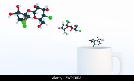 3D-Rendering des Sucralose-Moleküls ist ein kalorienfreier künstlicher Süßstoff Stockfoto