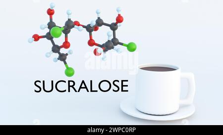 3D-Rendering des Sucralose-Moleküls ist ein kalorienfreier künstlicher Süßstoff Stockfoto