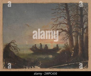Gemälde „Westblick auf dem See“ von Stanisław Witkiewicz (1865-1870), das einen Sonnenuntergang über einem See mit Booten zeigt, Teil der Sammlung des Tatra-Museums in Zakopane, Polen. Stockfoto