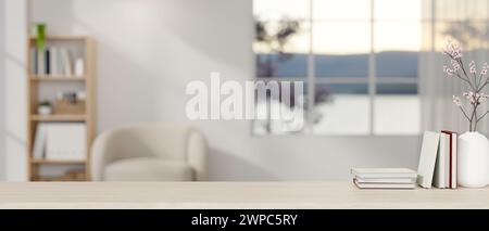 Ein minimalistischer Holztisch mit Büchern, eine Blumenvase und ein Präsentationsraum für Ausstellungsartikel in einem minimalistischen weißen Wohnzimmer. 3D-Rendering, 3D Stockfoto