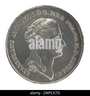 Kronentaler-Münze aus dem Jahr 1792, ausgestellt unter König Stanisław August Poniatowski von Polen, repräsentiert königliche Währung, Münzdesign und polnische Geldpraktiken des späten 18. Jahrhunderts. Stockfoto