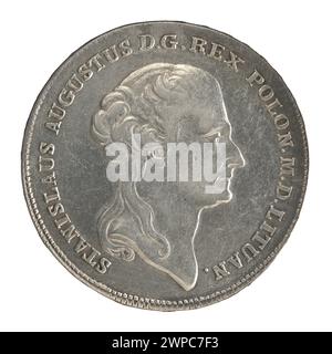 Kronentaler-Münze aus dem Jahr 1792, ausgestellt unter König Stanisław August Poniatowski von Polen, repräsentiert königliche Währung, Münzdesign und polnische Geldpraktiken des späten 18. Jahrhunderts. Stockfoto