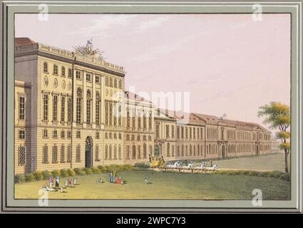 Ein Stich von Tranquillo Mollo aus den Jahren 1818–1823, der die Wiener Hofstallungen zeigt und die architektonischen Details der ehemaligen Reichsställe zeigt. Stockfoto