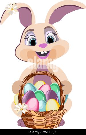 Osterhase mit einem Korb mit Ostereiern in flacher Technik-Vektorillustration Stock Vektor