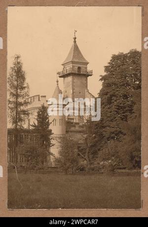 Dieses Bild zeigt die neogotische „Burg“ in Radziejowice, Polen, mit einem allgemeinen Blick auf das Äußere. Die Fotografie stammt aus der Zeit um 1910–1920, wobei bis 1927 Drucke produziert wurden. Stockfoto