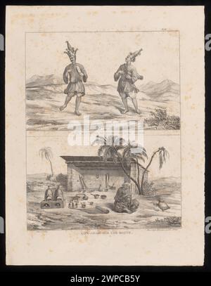 Diese Lithografie aus dem Jahr 1830 zeigt zwei Musiker, die in der Nähe eines arabischen Straßencafés Improvisationen durchführen und dabei das tägliche Leben, die Musikinstrumente, die Architektur und die Interaktion zwischen Figuren im nahöstlichen Setting des frühen 19. Jahrhunderts hervorheben. Stockfoto