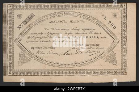Amtliches Dokument, in dem eine im Jahr 1831 ausgestellte Zuweisung des Finanzministeriums verzeichnet wird, in dem die finanziellen Verantwortlichkeiten und die Mittelzuweisungen für das betreffende Jahr detailliert aufgeführt sind. Stockfoto
